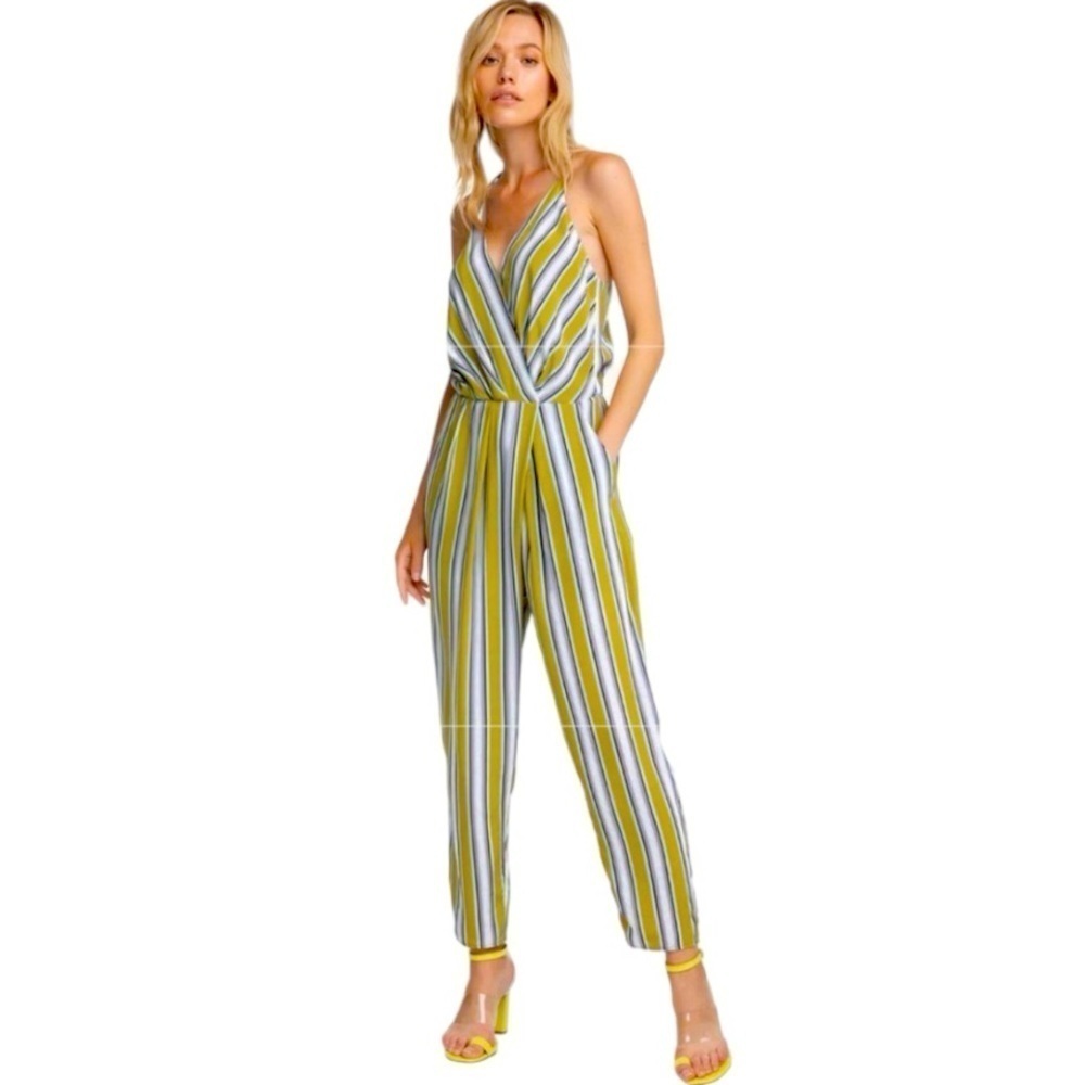 ASTR The Label Trendy Pleated front racerback bold retro stripes JUMPSUIT